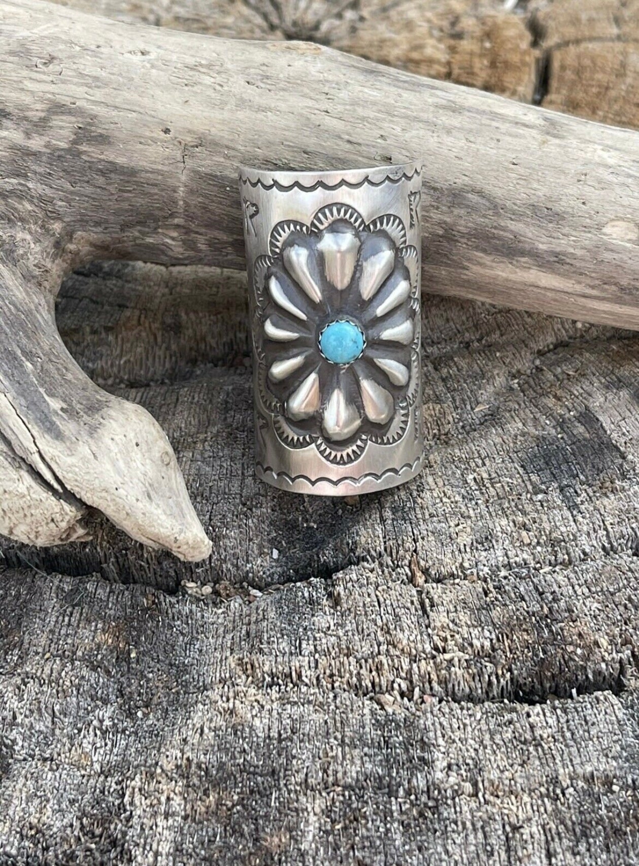 Handcrafted Sterling and Turquoise Southwest Hand Stamped Hair Ponytail / Braid Accessory 1.5 inch