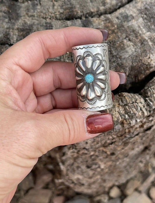 Handcrafted Sterling and Turquoise Southwest Hand Stamped Hair Ponytail / Braid Accessory 1.5 inch