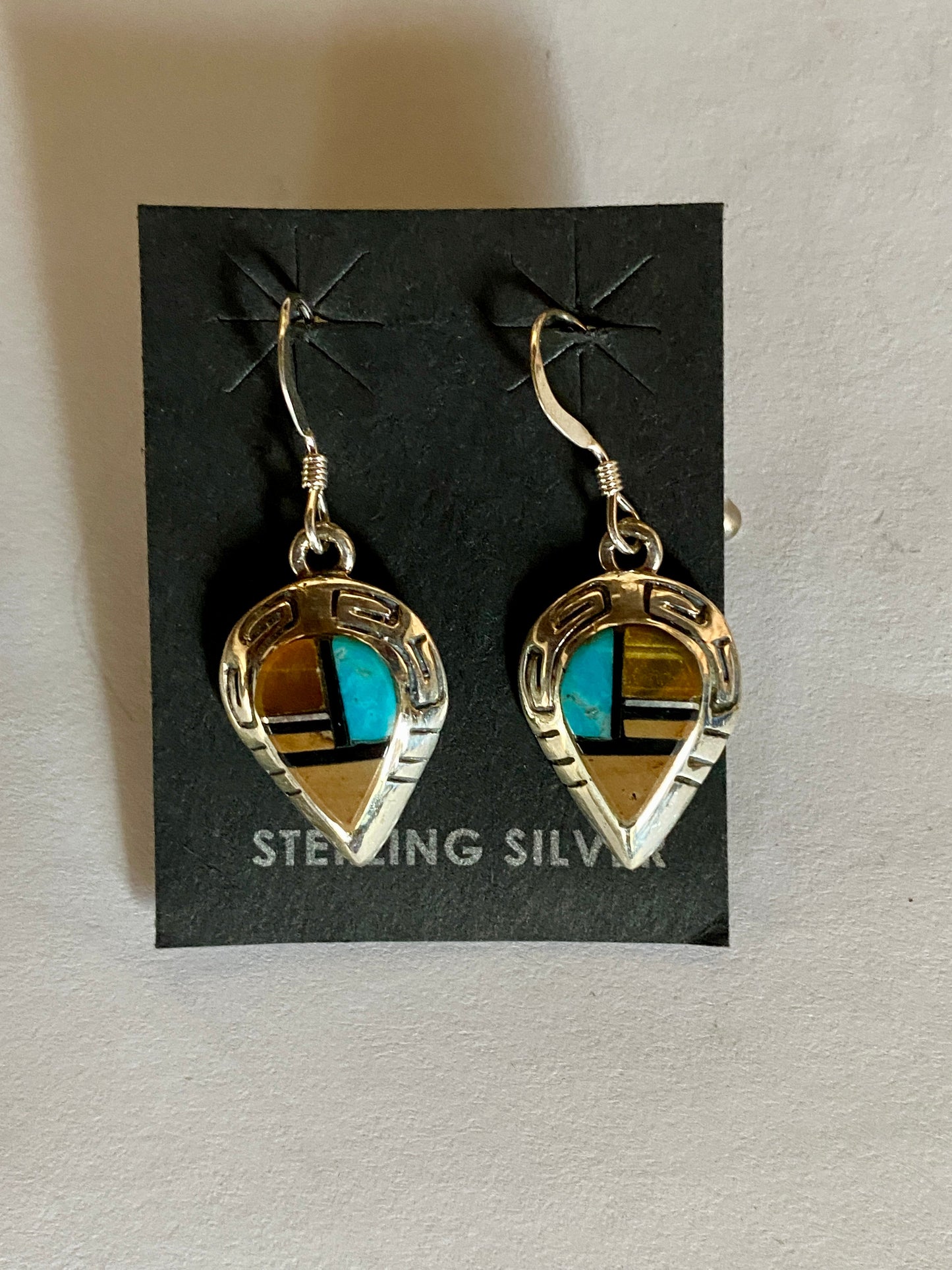 Handcrafted Turquoise, Onyx, Petrified Wood & Sterling Silver Inlay Drop Dangle Earrings