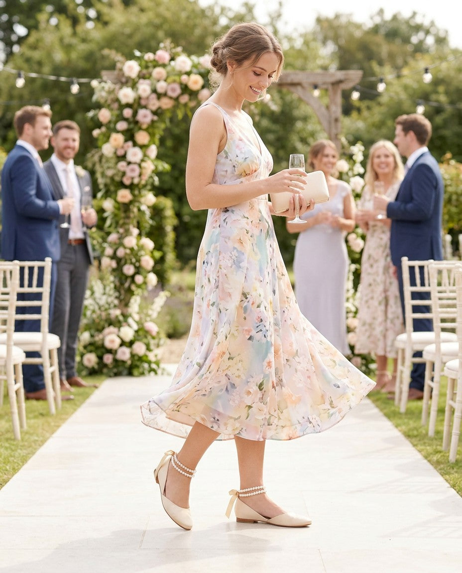 Satin Round Toe Evening Flat with Double Pearls Ankle Strap
