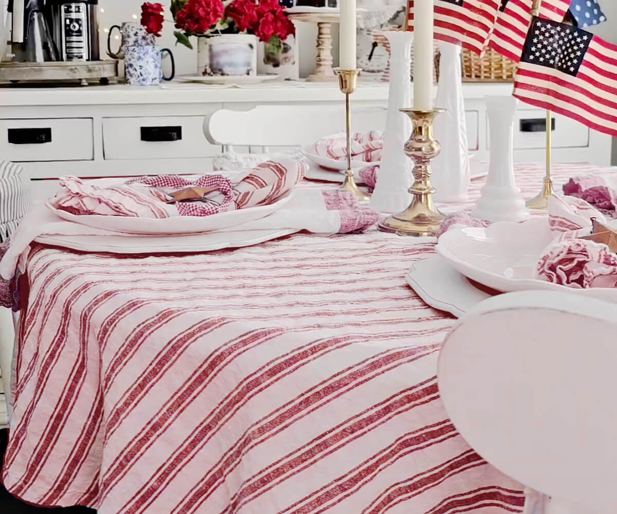 Homestead Stripe Linen Tablecloth -  Round Tablecloth 60 inch