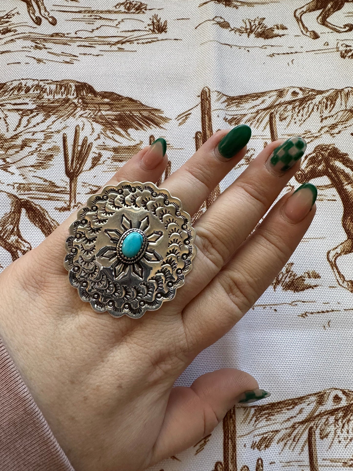 NFR COLLECTION Handmade Turquoise & Sterling Silver Adjustable Ring Signed Nizhoni