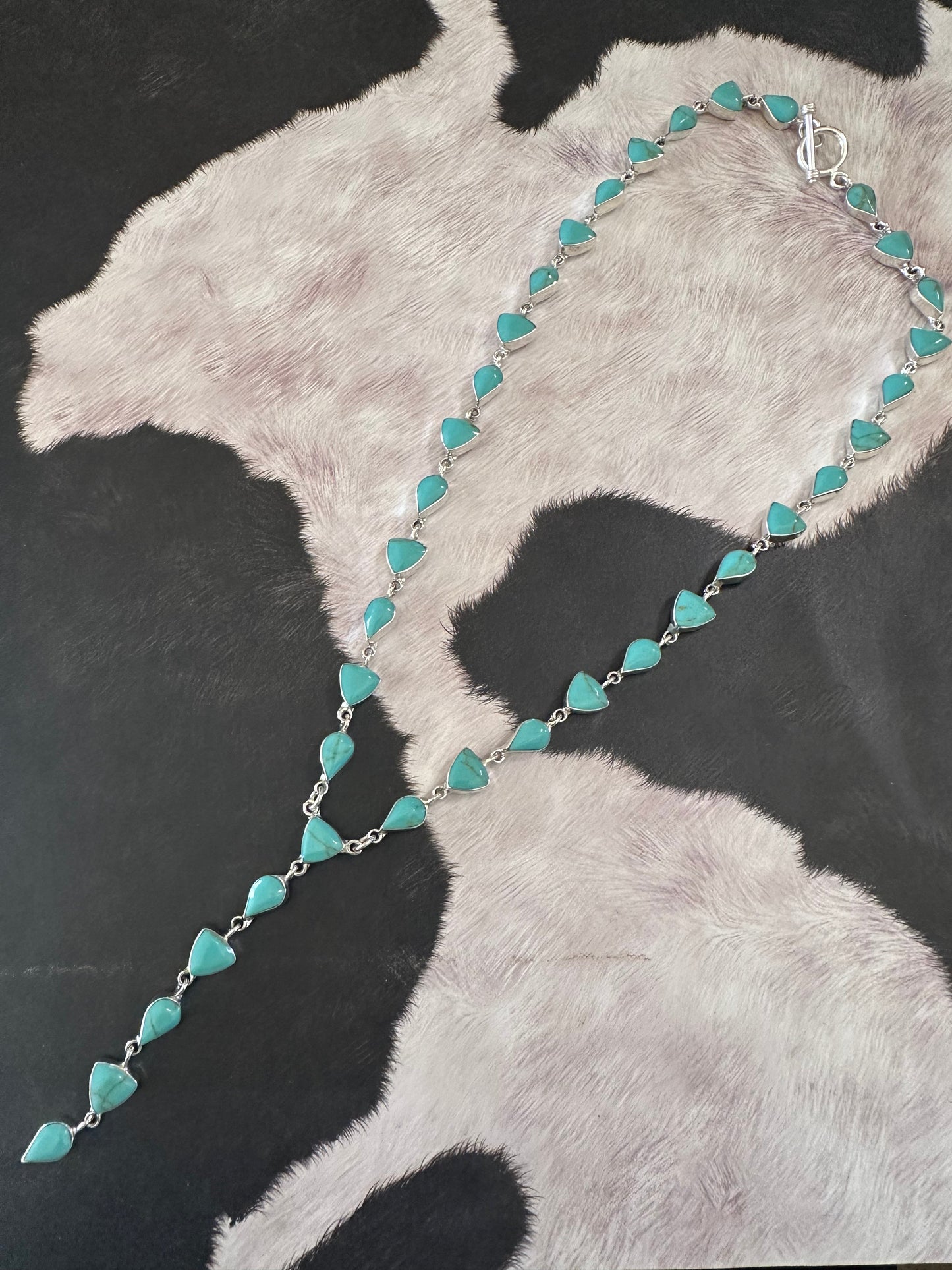 Stunning Turquoise and Sterling Silver Lariat Necklace Hand Made In Mexico