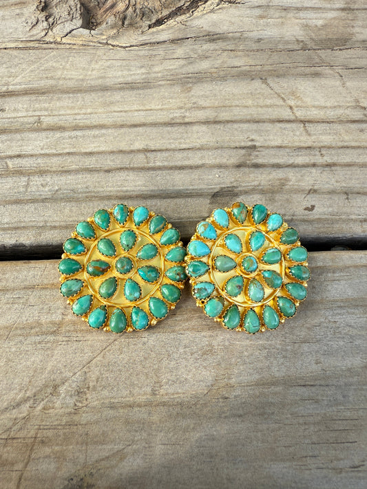 “The Golden Collection” Handmade Natural Kingman Turquoise Gold Plated Sterling Silver Cluster Post Earrings