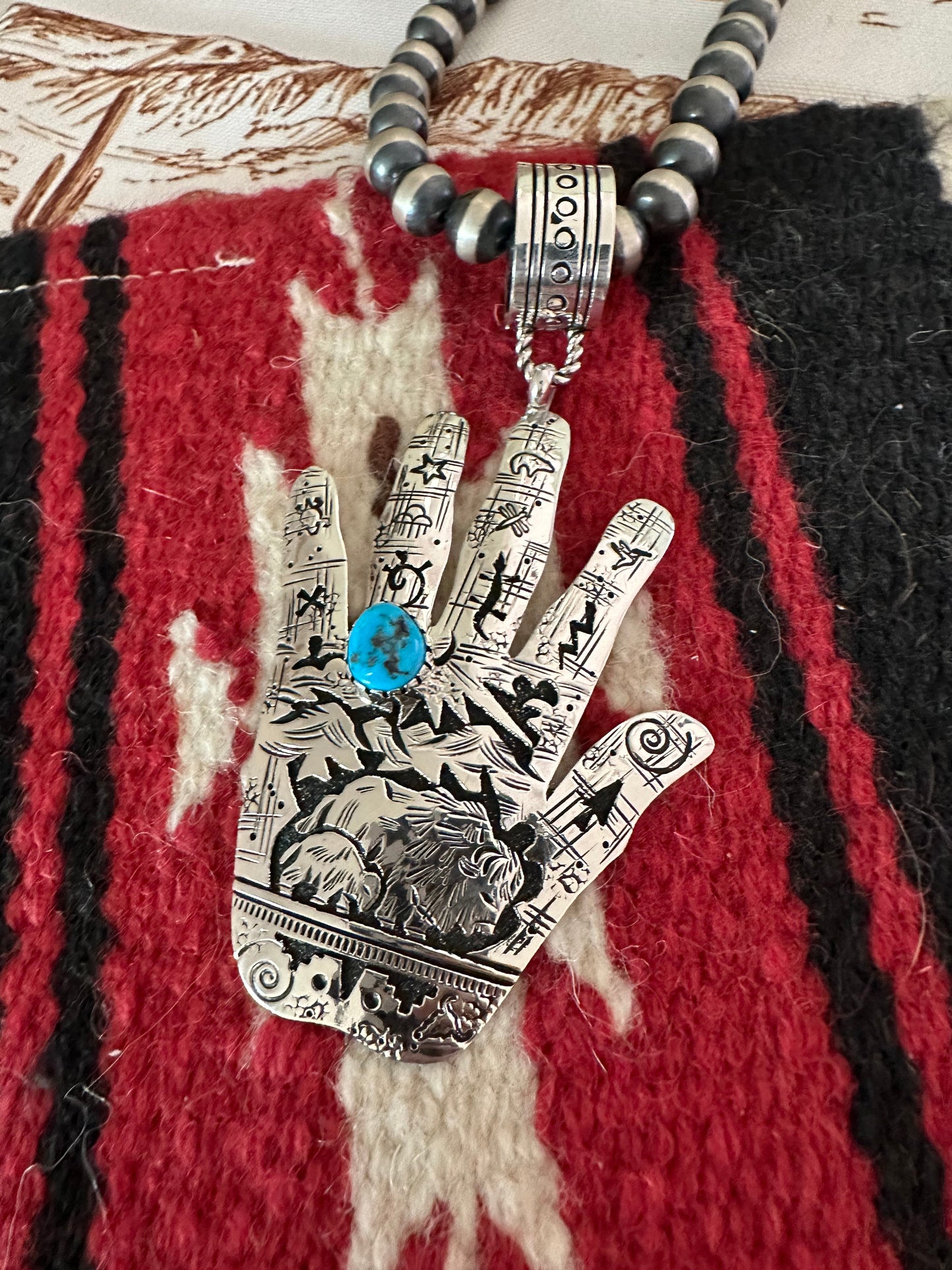 Navajo Turquoise & Sterling Silver Hand Pendant Signed Richard Singer