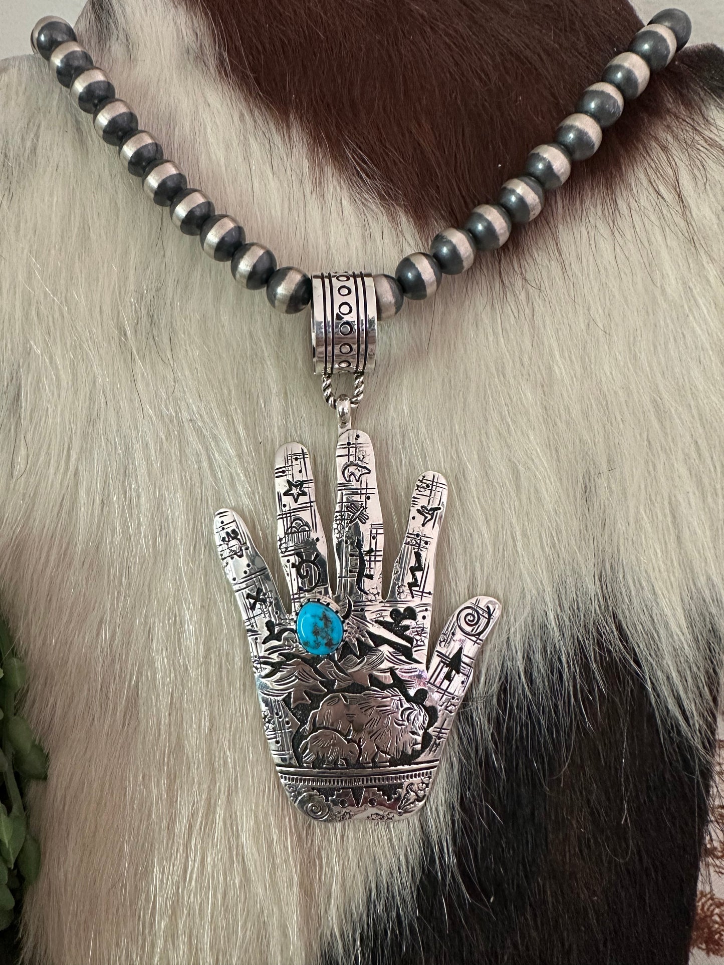 Navajo Turquoise & Sterling Silver Hand Pendant Signed Richard Singer