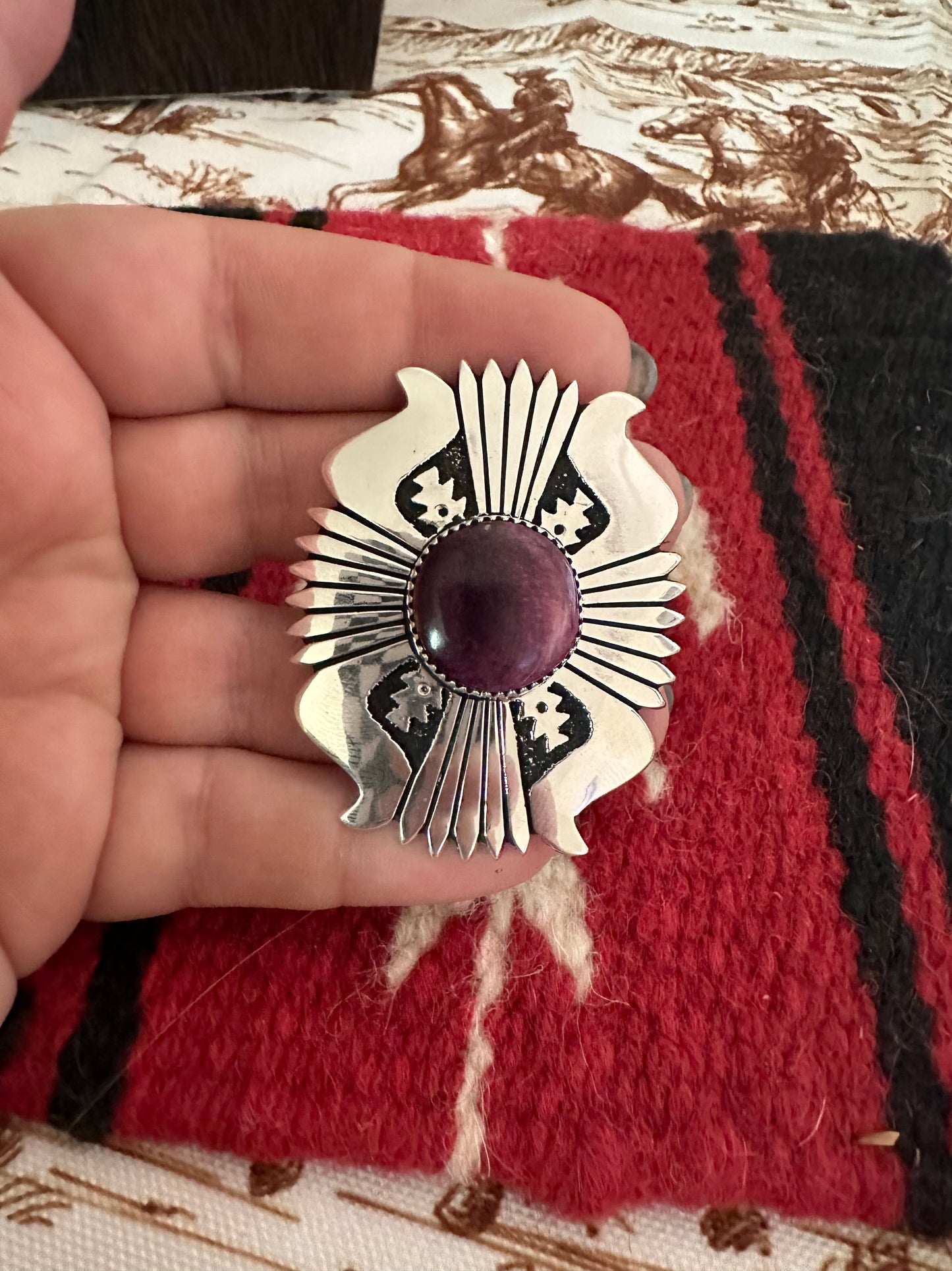 Navajo Sterling Silver & Purple Spiny Adjustable Ring Signed Richard Singer