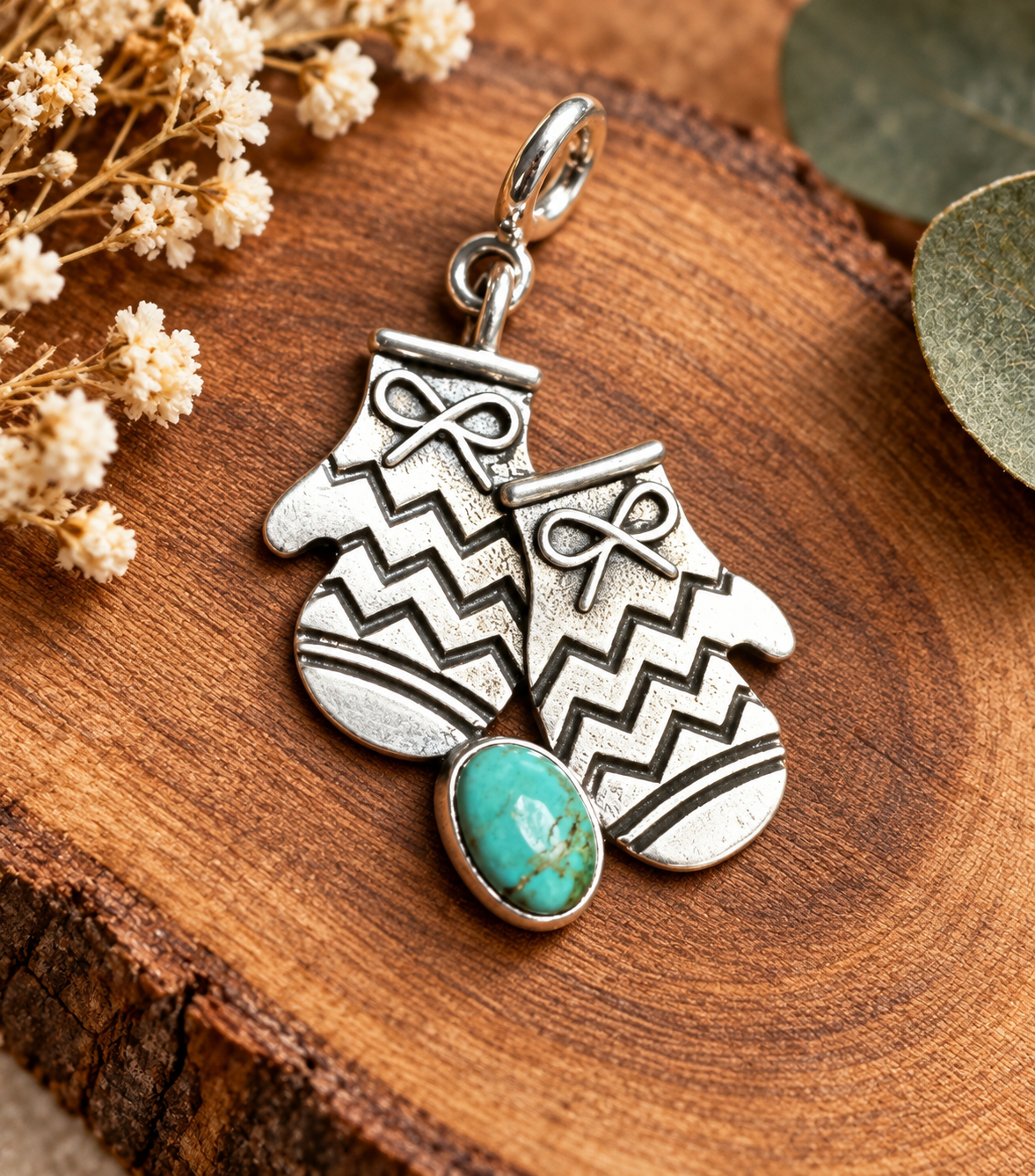 Handmade Sterling Silver and Turquoise MITTENS/ Gloves Charm
