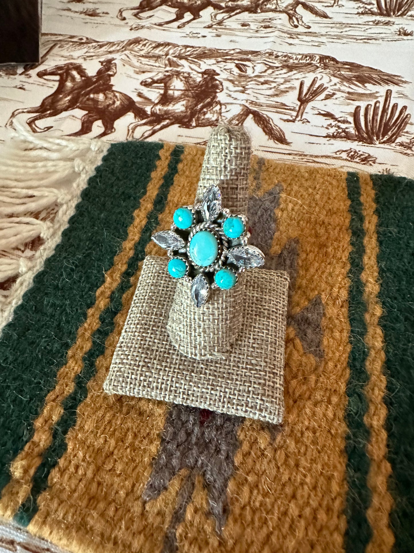 Handmade Sterling Silver, Cz & Turquoise Adjustable Ring Signed Nizhoni