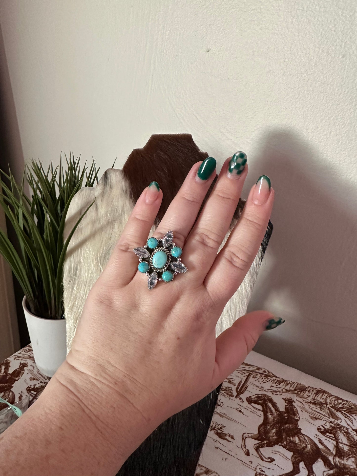 Handmade Sterling Silver, Cz & Turquoise Adjustable Ring Signed Nizhoni