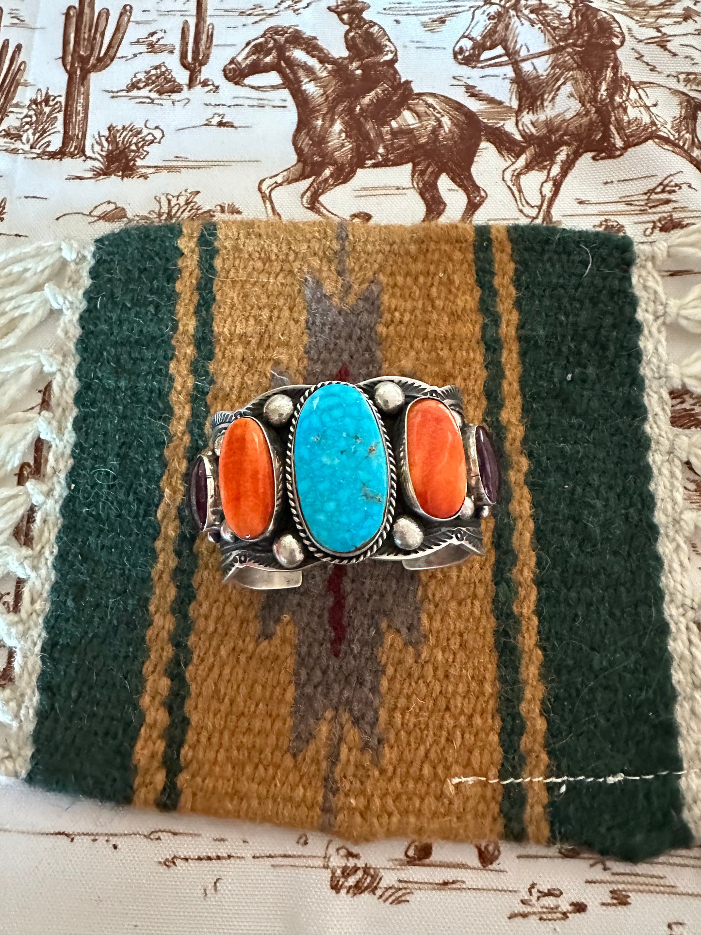 Navajo Turquoise, Spiny And Sterling Cuff Bracelet By Guy Hoskie