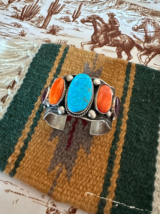 Handcrafted Turquoise, Spiny And Sterling Cuff Bracelet By Guy Hoskie