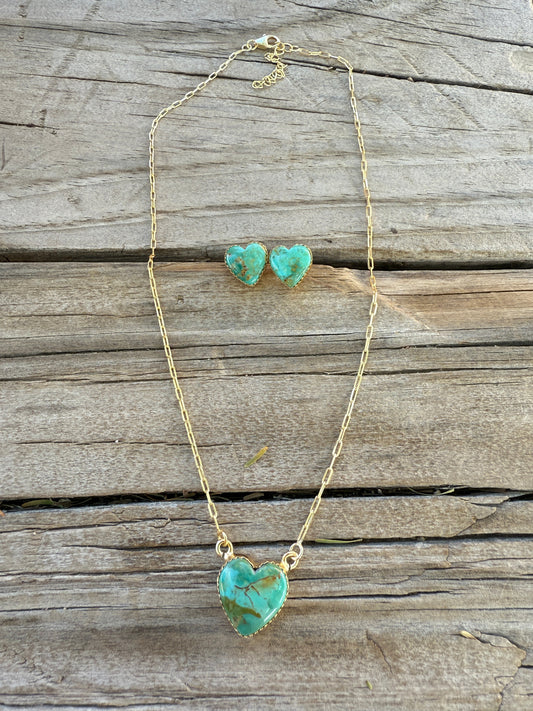 “The Golden Collection” Handmade Gold Plated Kingman Turquoise Necklace Earrings HEART Set