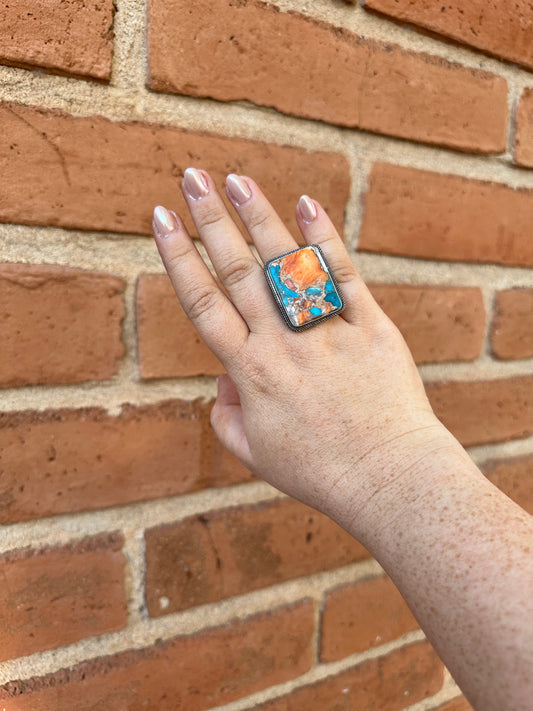 Handcrafted Jacqueline Silver & Orange Dream Ring Size 9 Signed