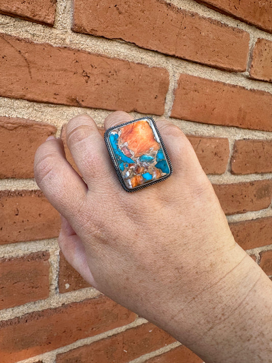 Handcrafted Jacqueline Silver & Orange Dream Ring Size 9 Signed