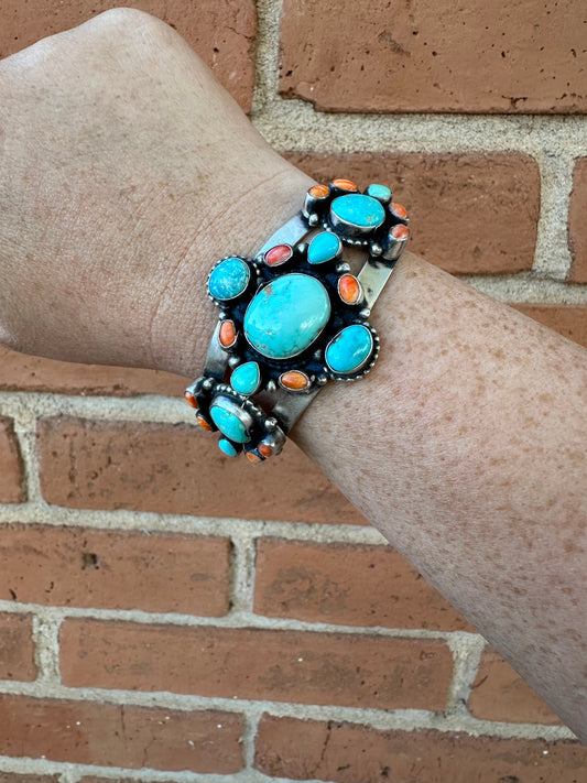 Navajo Turquoise & Spiny Sterling Silver Bracelet Cuff Signed Sheila