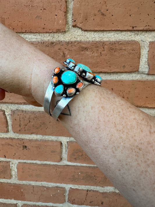 Handcrafted Turquoise & Spiny Sterling Silver Bracelet Cuff Signed Sheila /