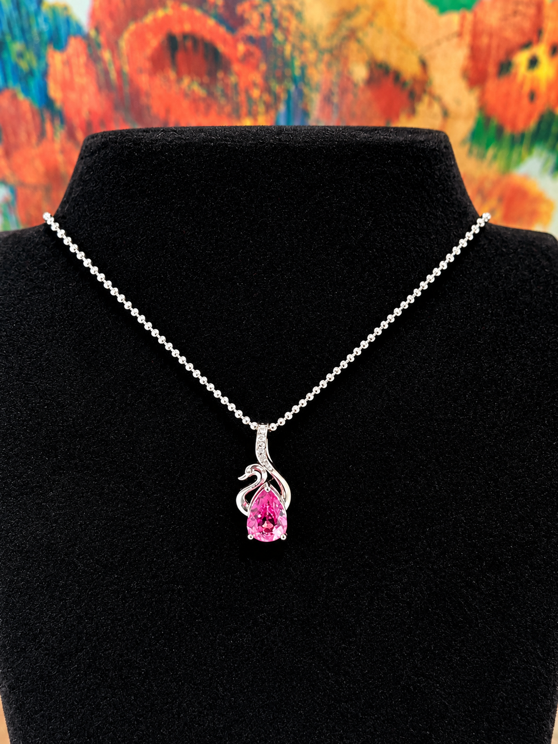 Pink Topaz Teardrop Sterling Silver Swan Necklace