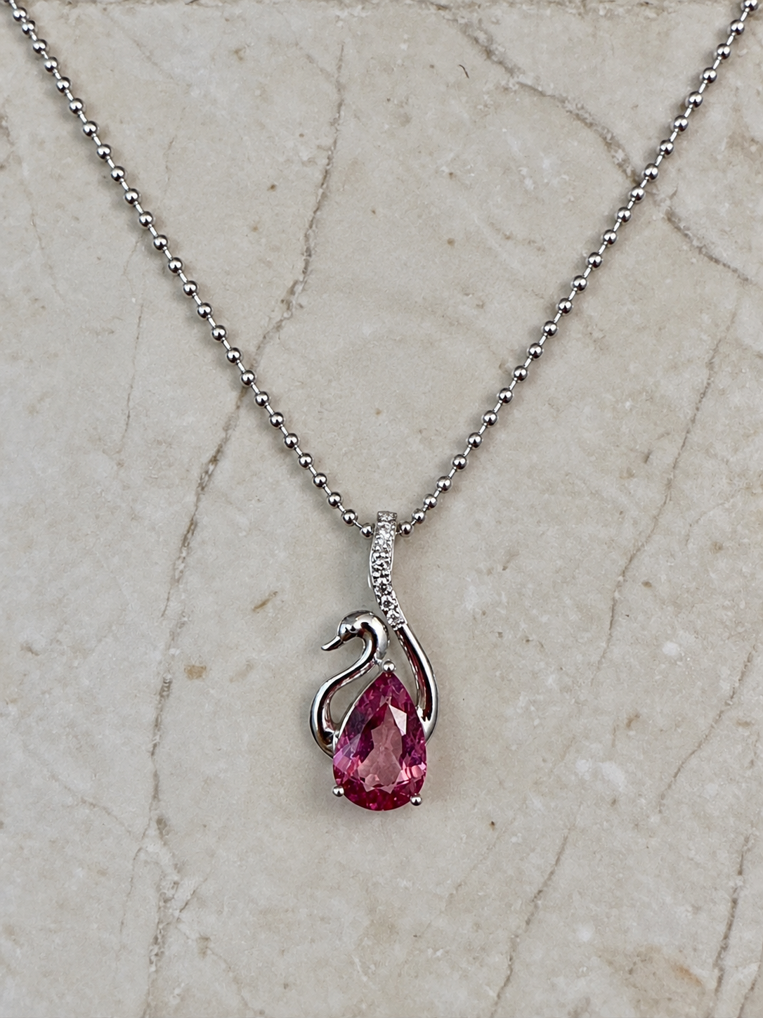 Pink Topaz Teardrop Sterling Silver Swan Necklace