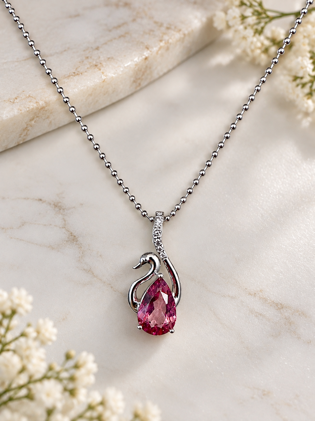 Pink Topaz Teardrop Sterling Silver Swan Necklace