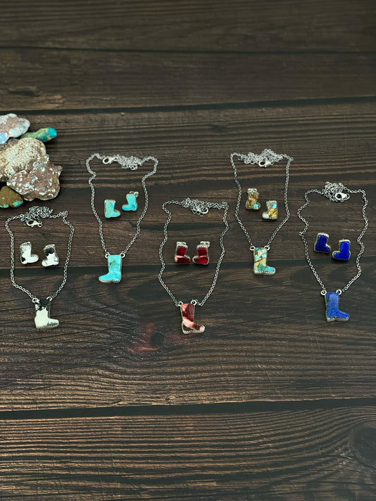 Handmade Sterling Silver Red Rose Dahlia, White Buffalo, Royston Turquoise, Kingman, Lapis Lazuli Boot Necklace Post Earring Set, Signed Nizhoni