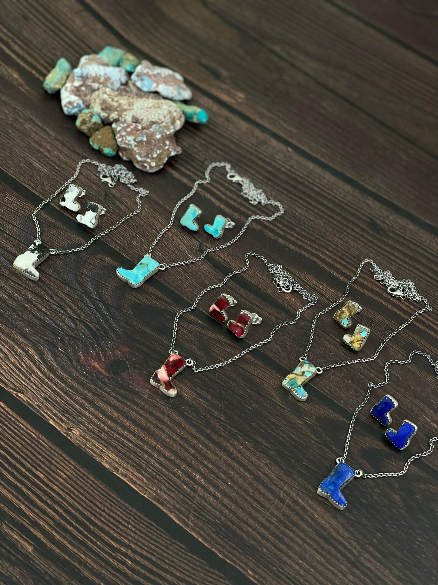 Handmade Sterling Silver Red Rose Dahlia, White Buffalo, Royston Turquoise, Kingman, Lapis Lazuli Boot Necklace Post Earring Set, Signed Nizhoni