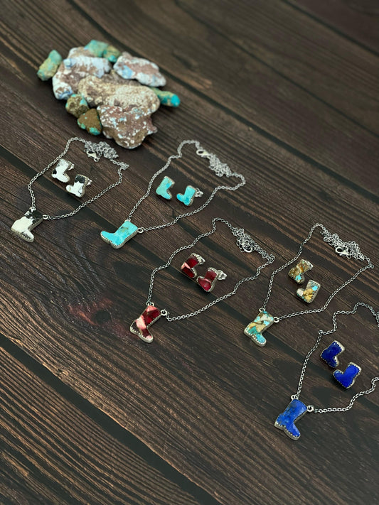 Handmade Sterling Silver Red Rose Dahlia, White Buffalo, Royston Turquoise, Kingman, Lapis Lazuli Boot Necklace Post Earring Set, Signed Nizhoni