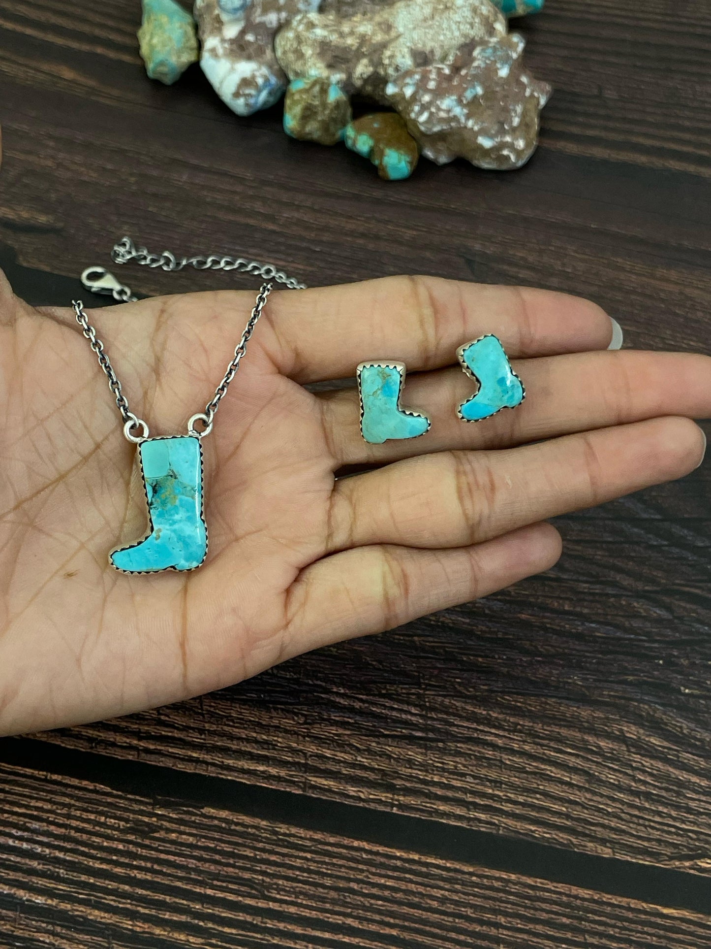 Handmade Sterling Silver Red Rose Dahlia, White Buffalo, Royston Turquoise, Kingman, Lapis Lazuli Boot Necklace Post Earring Set, Signed Nizhoni