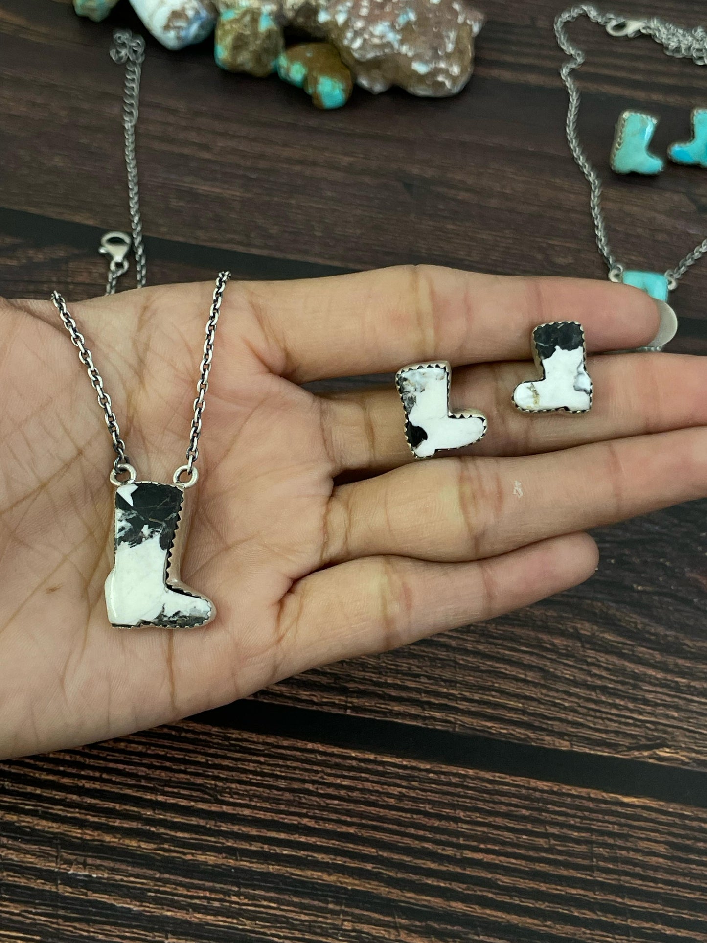 Handmade Sterling Silver Red Rose Dahlia, White Buffalo, Royston Turquoise, Kingman, Lapis Lazuli Boot Necklace Post Earring Set, Signed Nizhoni