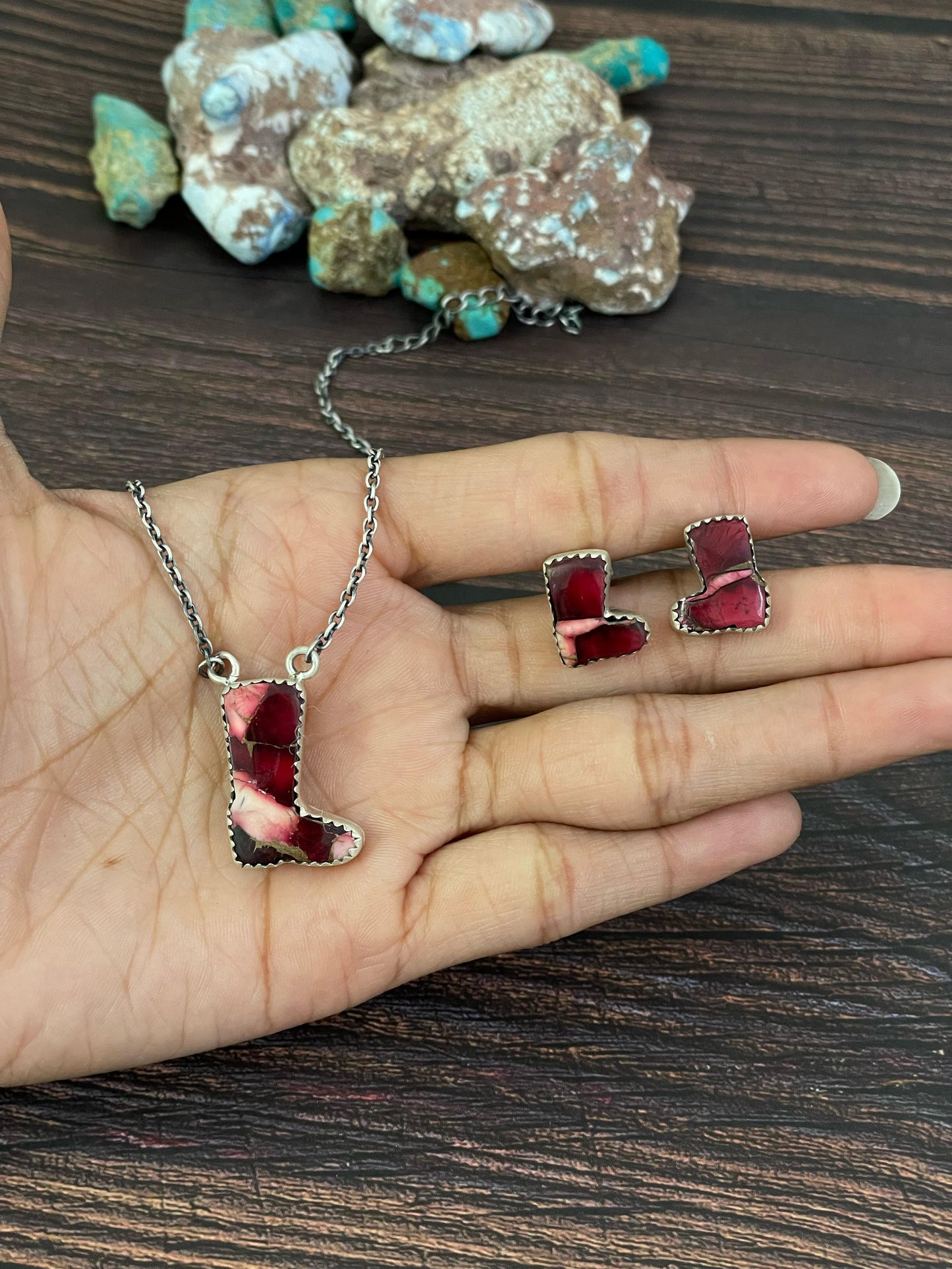 Handmade Sterling Silver Red Rose Dahlia, White Buffalo, Royston Turquoise, Kingman, Lapis Lazuli Boot Necklace Post Earring Set, Signed Nizhoni