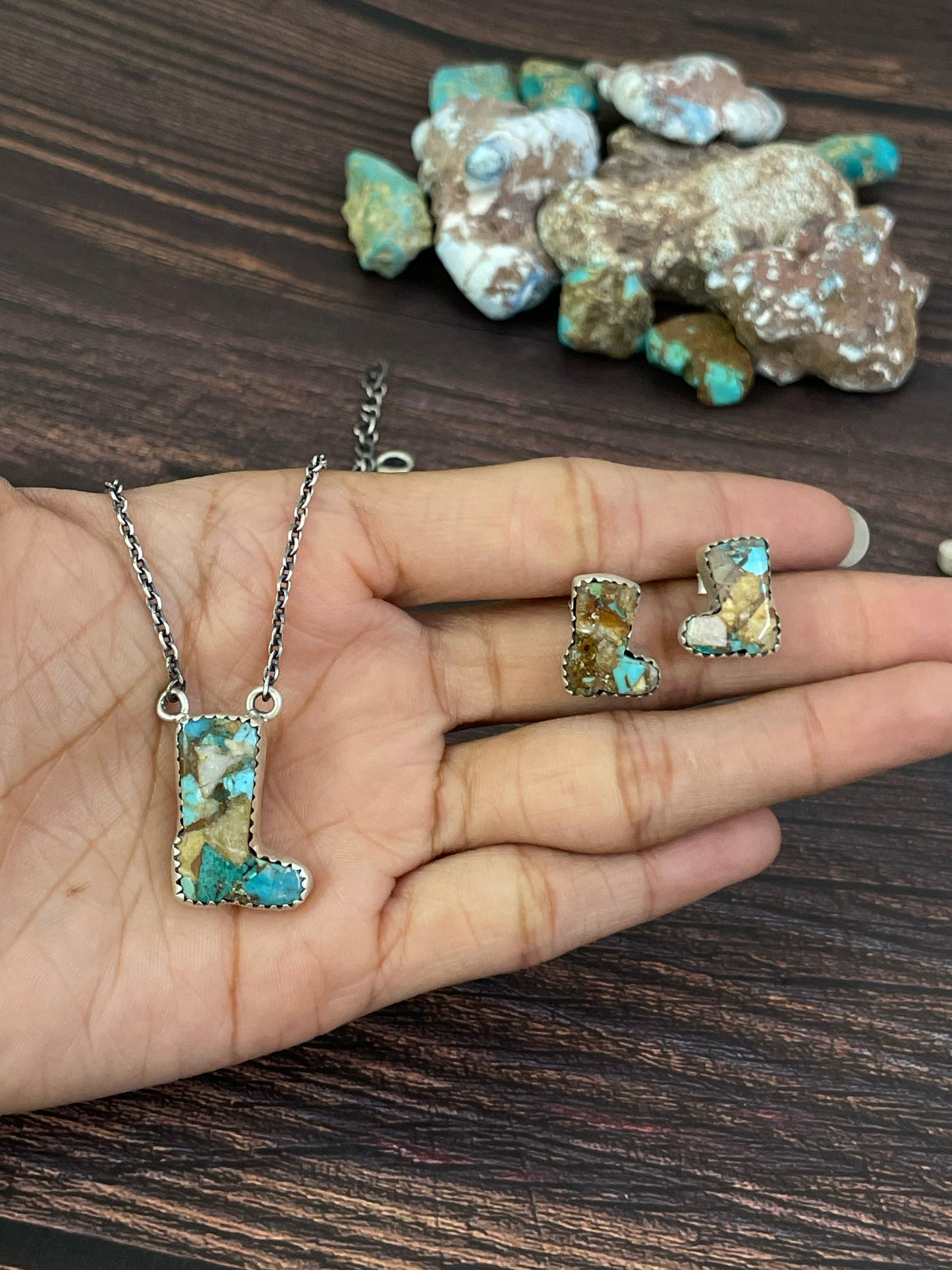 Handmade Sterling Silver Red Rose Dahlia, White Buffalo, Royston Turquoise, Kingman, Lapis Lazuli Boot Necklace Post Earring Set, Signed Nizhoni