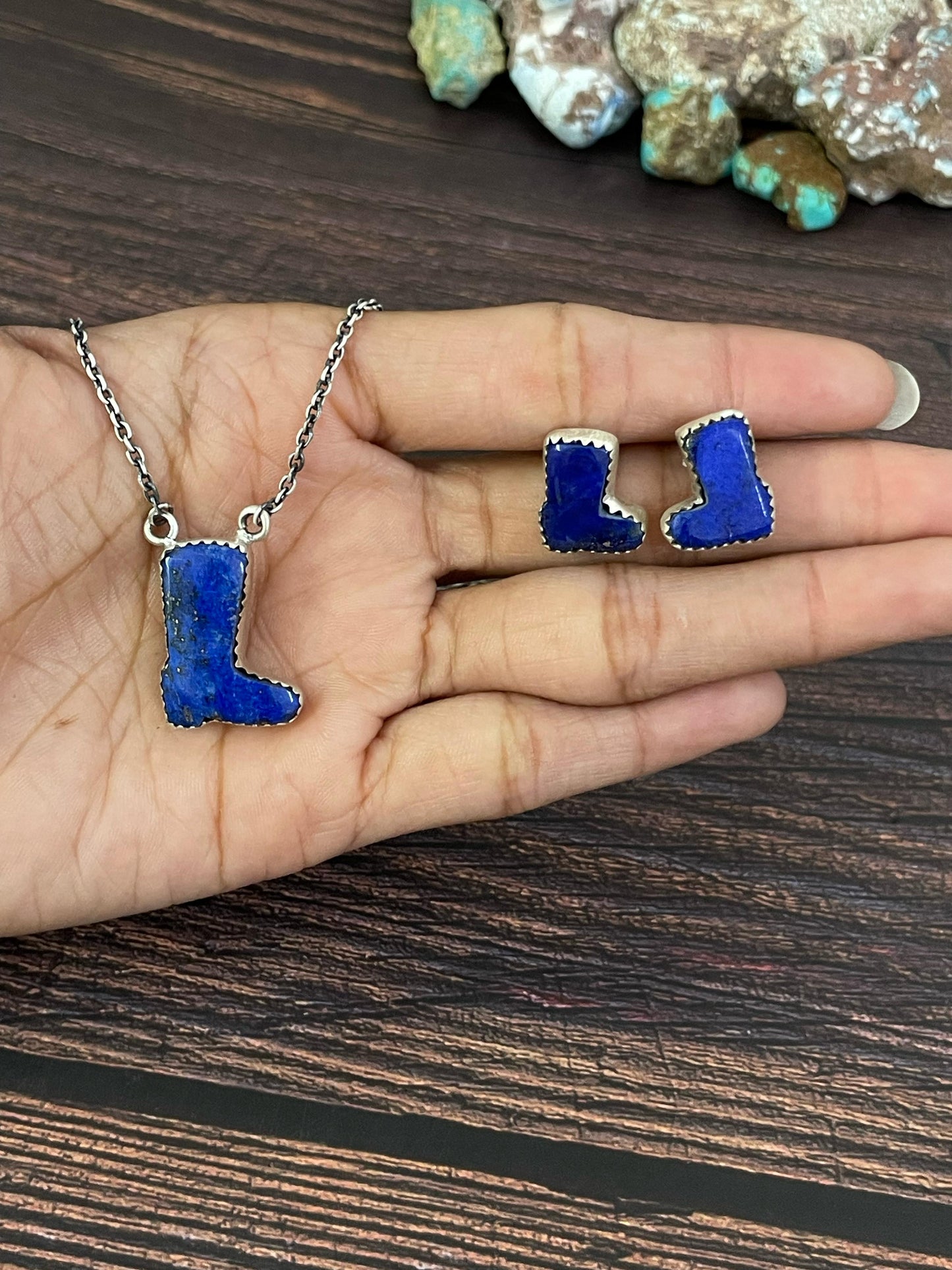 Handmade Sterling Silver Red Rose Dahlia, White Buffalo, Royston Turquoise, Kingman, Lapis Lazuli Boot Necklace Post Earring Set, Signed Nizhoni