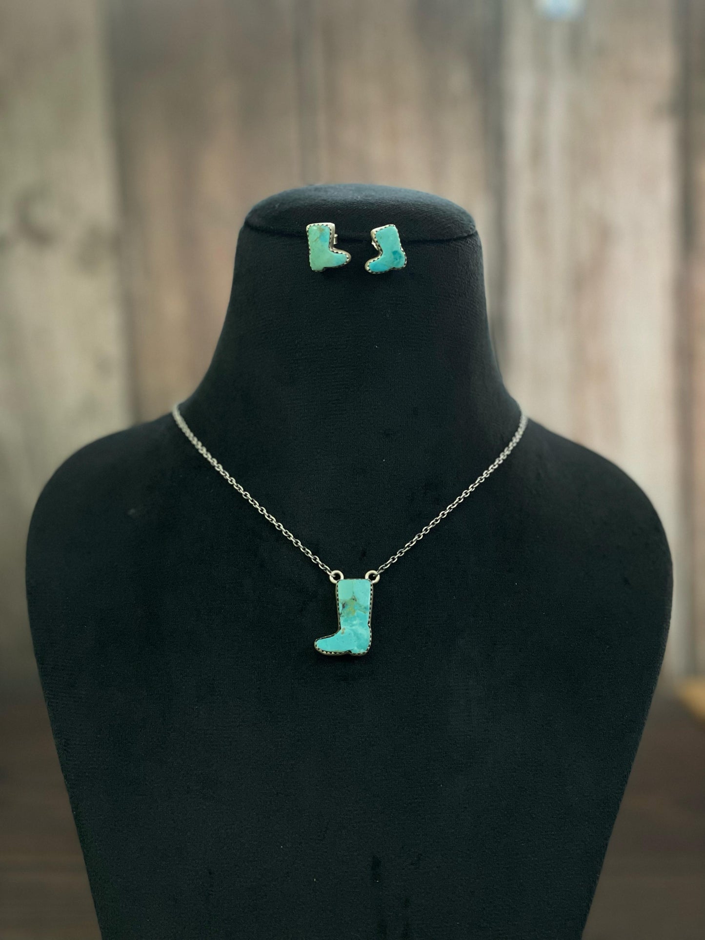 Handmade Sterling Silver Red Rose Dahlia, White Buffalo, Royston Turquoise, Kingman, Lapis Lazuli Boot Necklace Post Earring Set, Signed Nizhoni