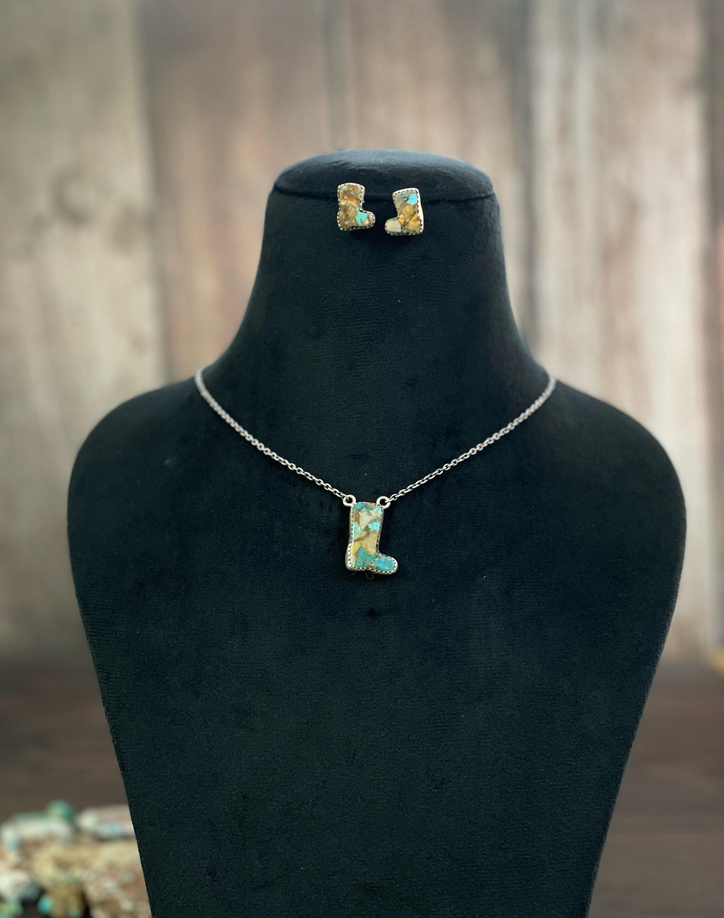 Handmade Sterling Silver Red Rose Dahlia, White Buffalo, Royston Turquoise, Kingman, Lapis Lazuli Boot Necklace Post Earring Set, Signed Nizhoni
