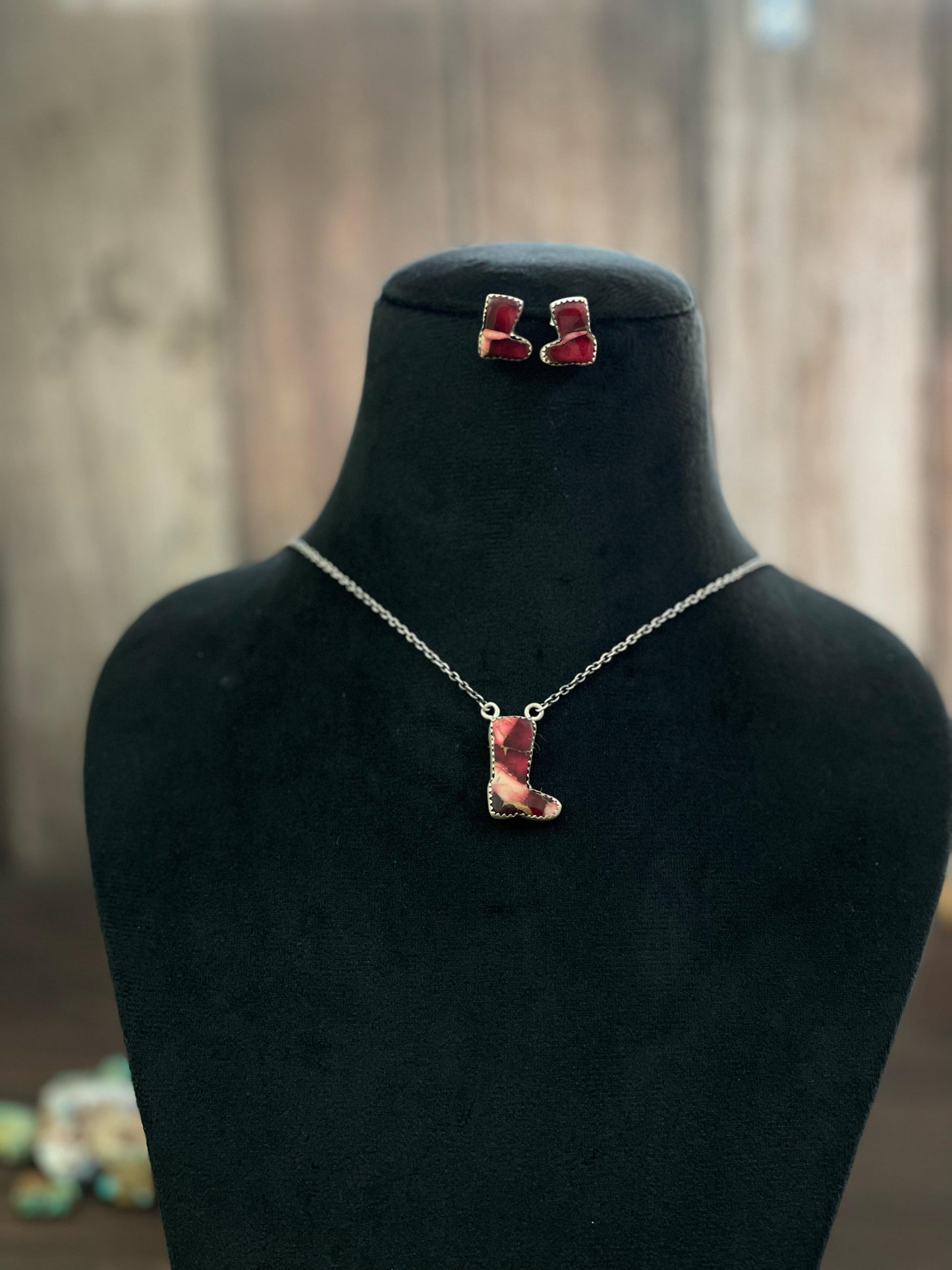 Handmade Sterling Silver Red Rose Dahlia, White Buffalo, Royston Turquoise, Kingman, Lapis Lazuli Boot Necklace Post Earring Set, Signed Nizhoni