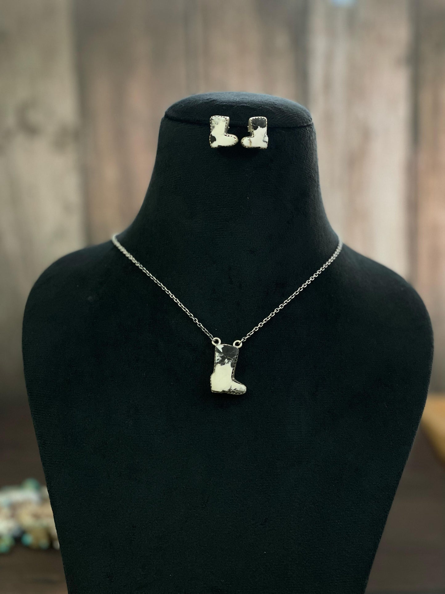 Handmade Sterling Silver Red Rose Dahlia, White Buffalo, Royston Turquoise, Kingman, Lapis Lazuli Boot Necklace Post Earring Set, Signed Nizhoni