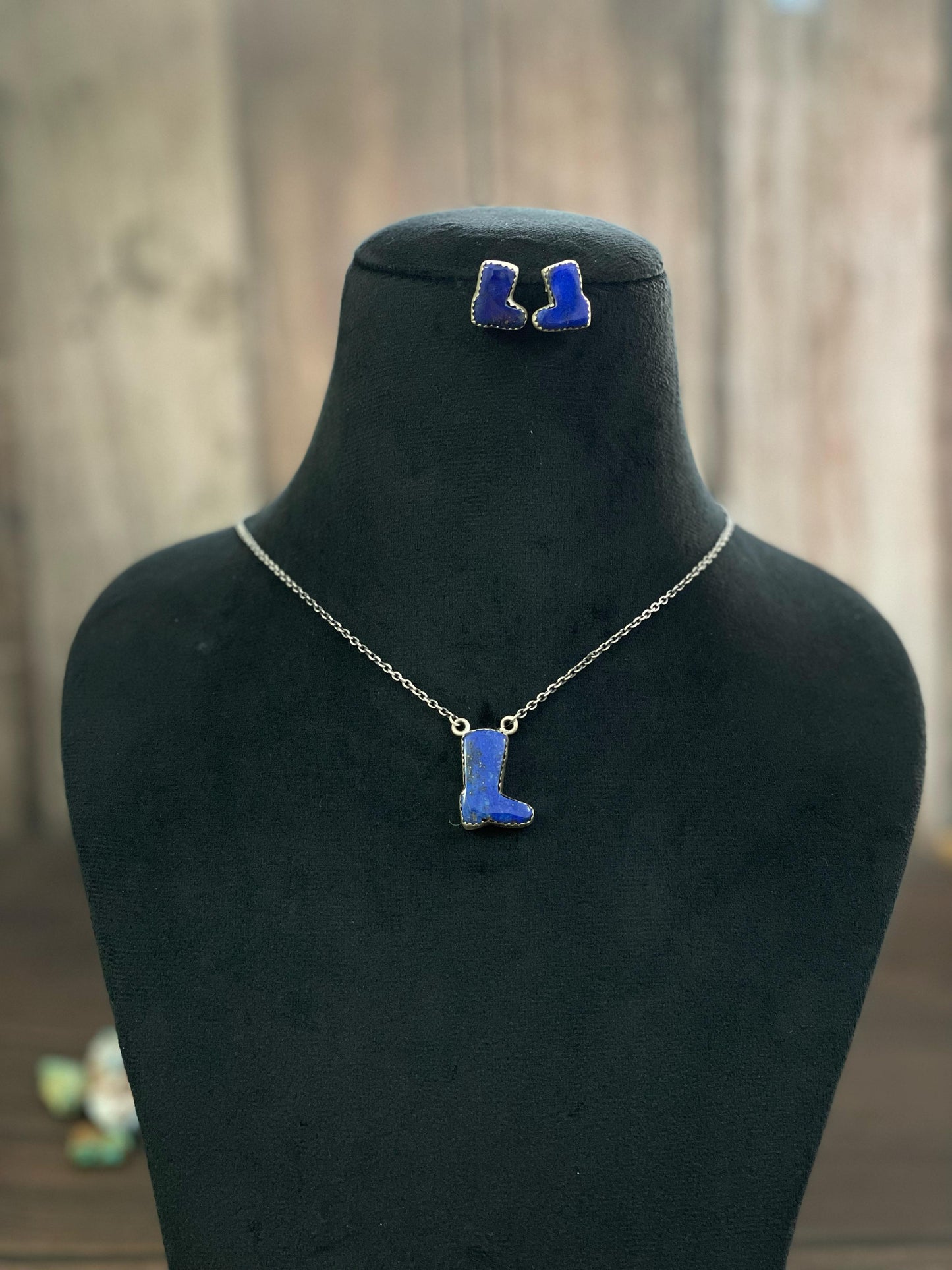 Handmade Sterling Silver Red Rose Dahlia, White Buffalo, Royston Turquoise, Kingman, Lapis Lazuli Boot Necklace Post Earring Set, Signed Nizhoni
