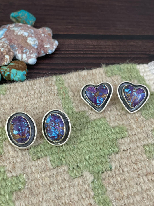 Handmade Sterling Silver Purple Copper Turquoise Post Earrings, Signed Nizhoni