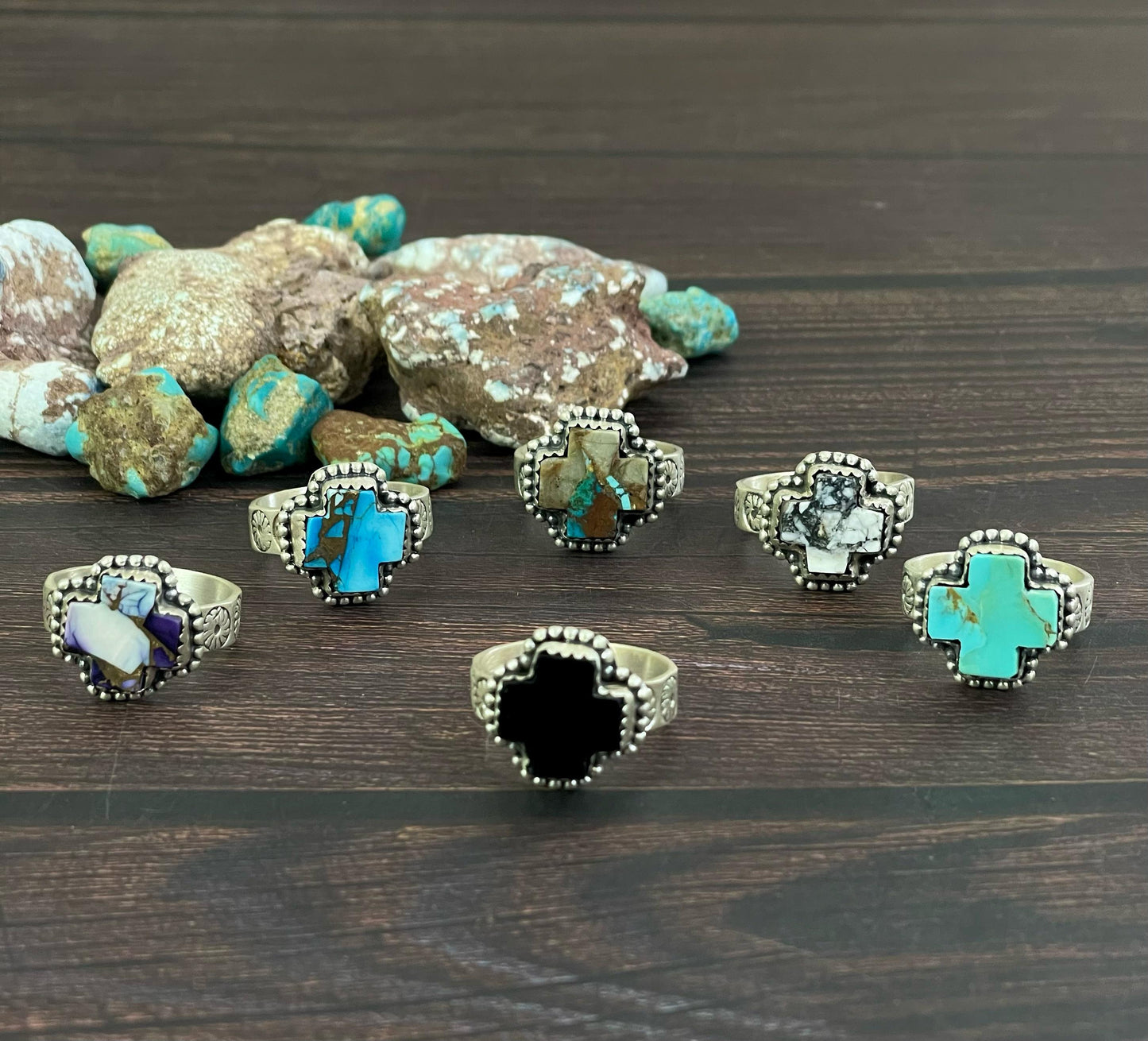 Handmade Sterling Silver White Buffalo, Black onyx, Golden Ice Blue, Royston, Dahlia Violet, Kingman Turquoise Adjustable Cross Ring, Signed Nizhoni