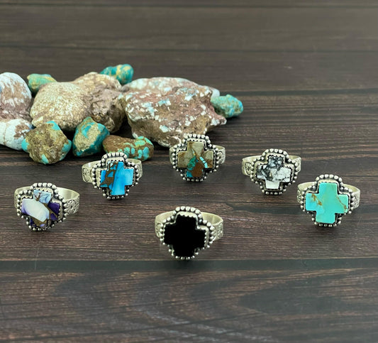 Handmade Sterling Silver White Buffalo, Black onyx, Golden Ice Blue, Royston, Dahlia Violet, Kingman Turquoise Adjustable Cross Ring, Signed Nizhoni