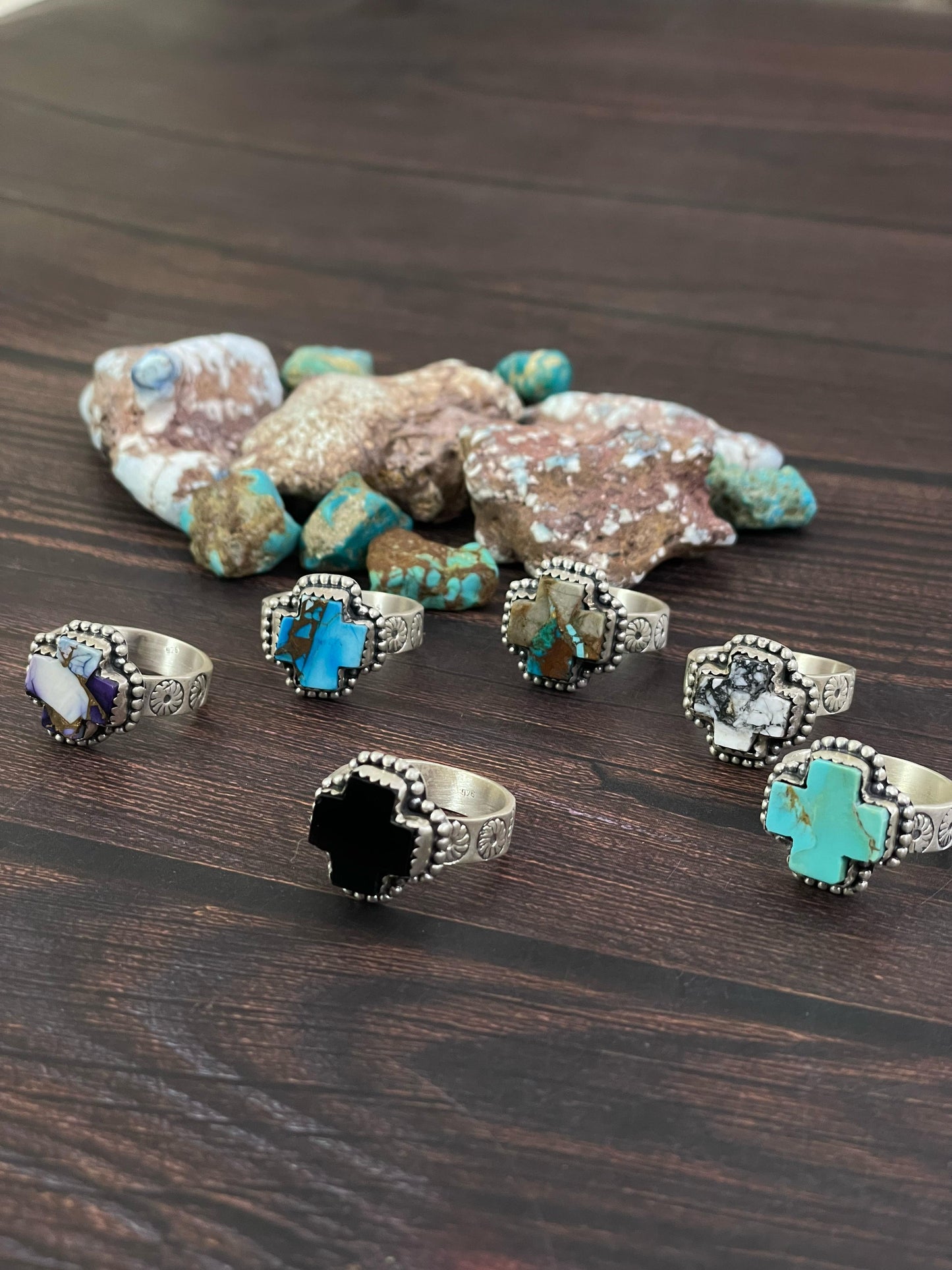 Handmade Sterling Silver White Buffalo, Black onyx, Golden Ice Blue, Royston, Dahlia Violet, Kingman Turquoise Adjustable Cross Ring, Signed Nizhoni