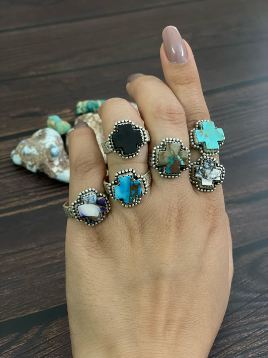 Handmade Sterling Silver White Buffalo, Black onyx, Golden Ice Blue, Royston, Dahlia Violet, Kingman Turquoise Adjustable Cross Ring, Signed Nizhoni