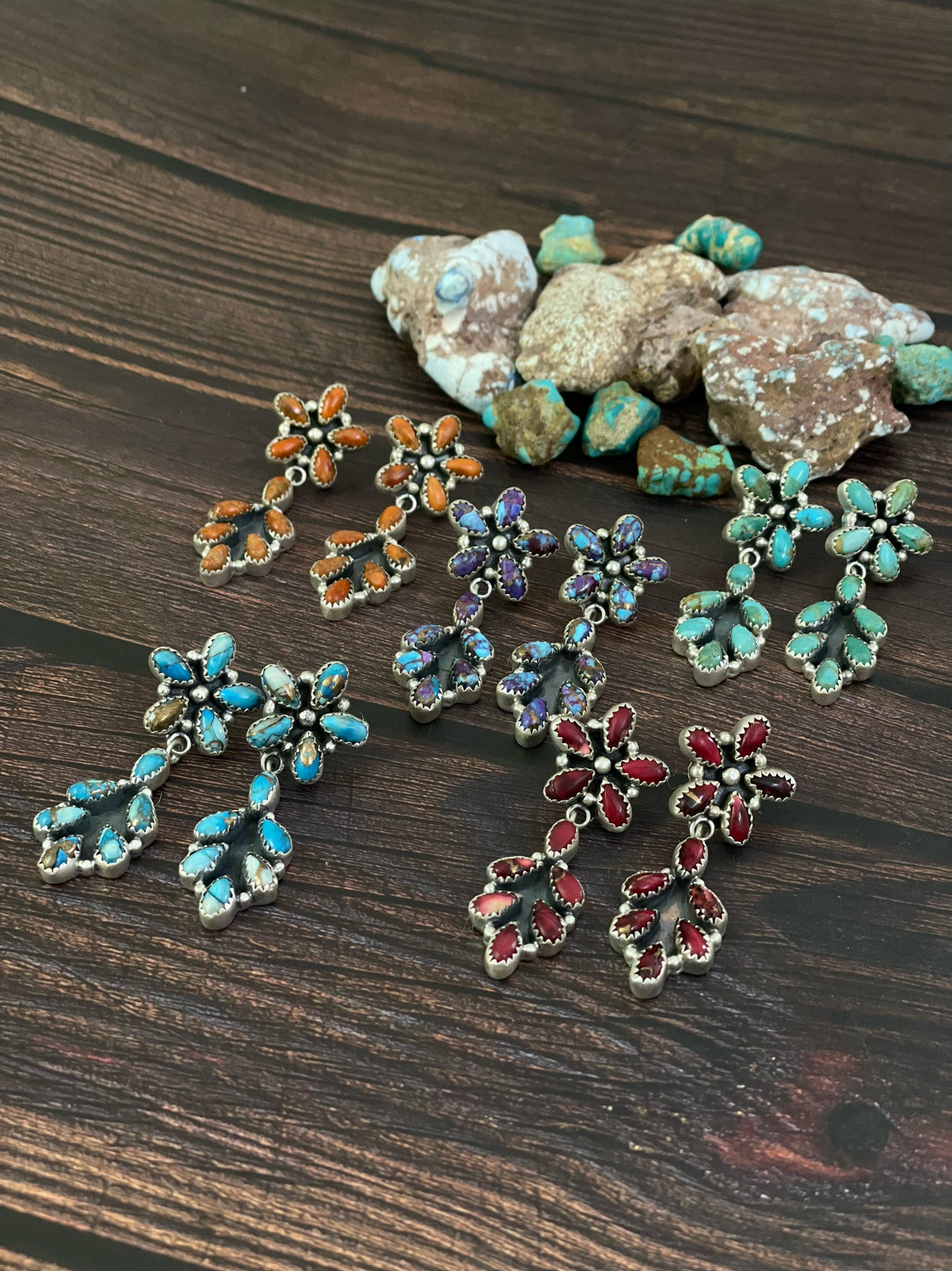 Handmade Sterling Silver Red Rose Dahlia, Kingman, Purple Mojave, Golden Blue Dahlia, Orange Mojave Post Earrings, Signed Nizhoni