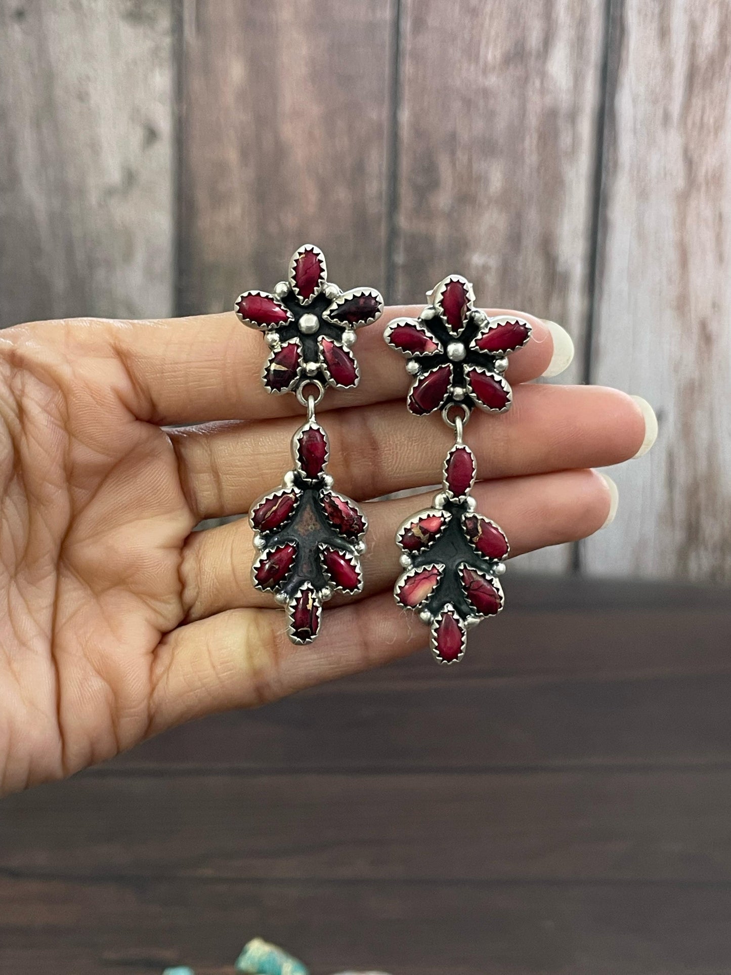 Handmade Sterling Silver Red Rose Dahlia, Kingman, Purple Mojave, Golden Blue Dahlia, Orange Mojave Post Earrings, Signed Nizhoni