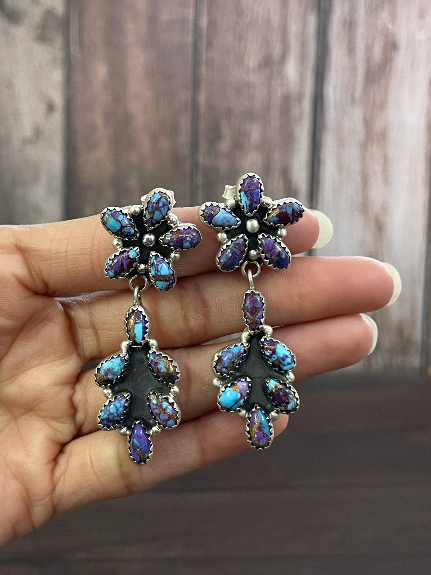 Handmade Sterling Silver Red Rose Dahlia, Kingman, Purple Mojave, Golden Blue Dahlia, Orange Mojave Post Earrings, Signed Nizhoni