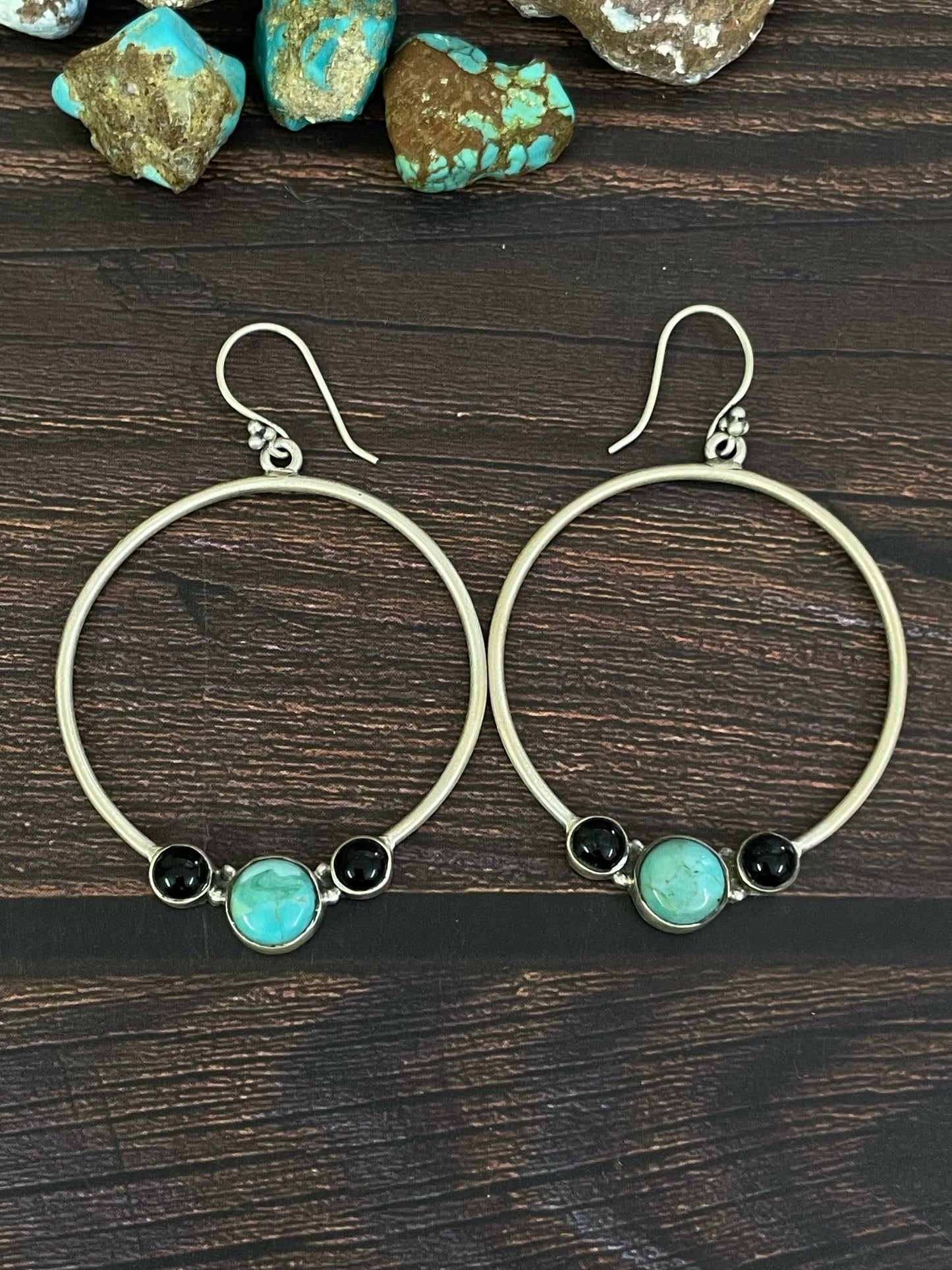 Handmade Sterling Silver Kingman Turquoise and Black Onyx Dangle Earrings, Signed Nizhoni