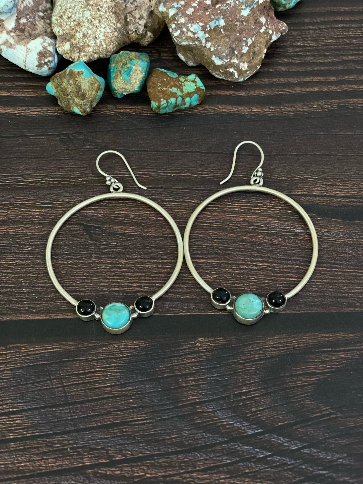 Handmade Sterling Silver Kingman Turquoise and Black Onyx Dangle Earrings, Signed Nizhoni