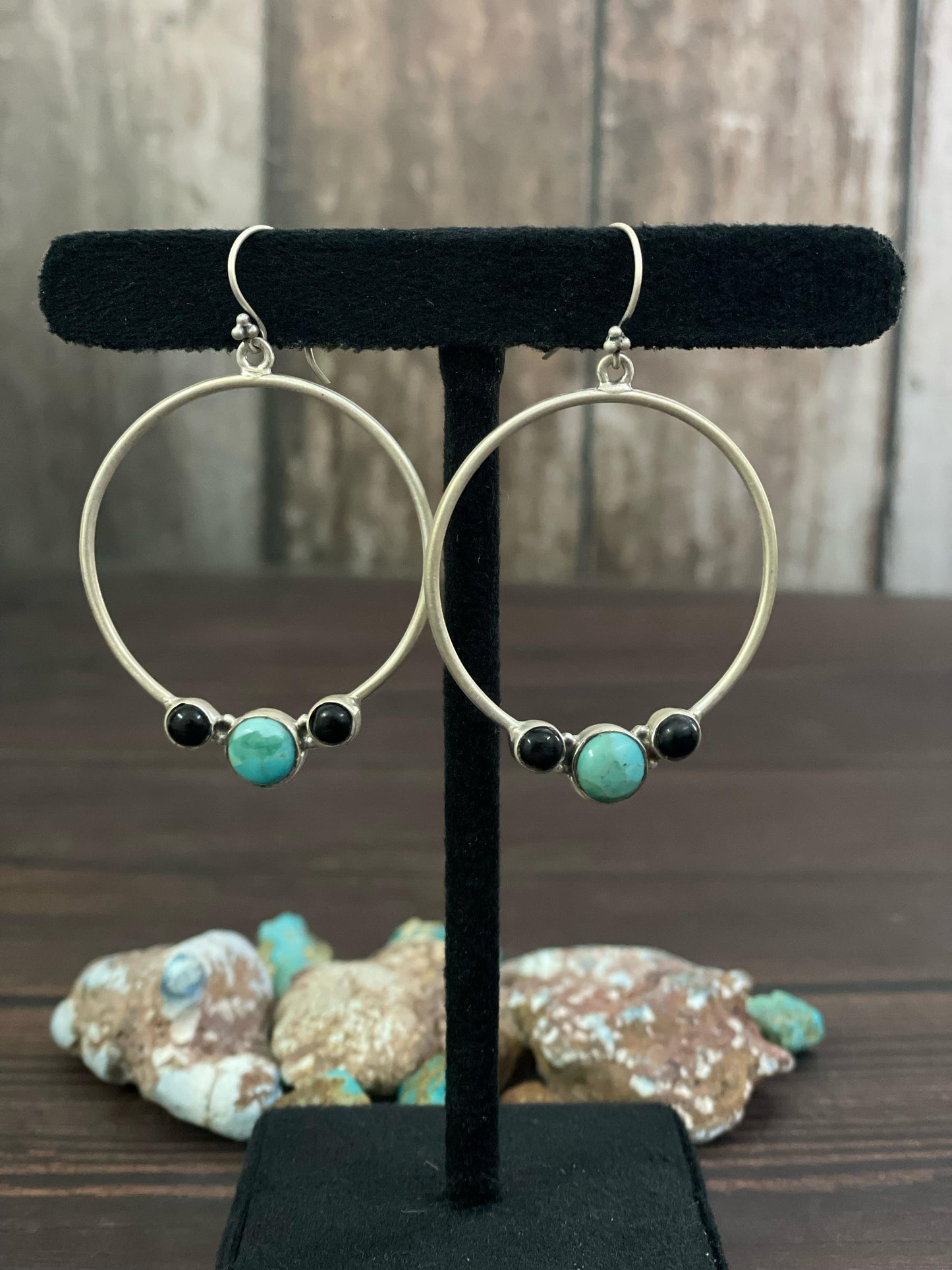 Handmade Sterling Silver Kingman Turquoise and Black Onyx Dangle Earrings, Signed Nizhoni