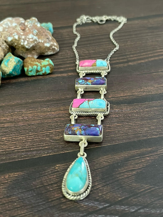 Handmade Sterling Silver Cotton Candy, Kingman and Purple Copper Turquoise Necklace, Signed Nizhoni