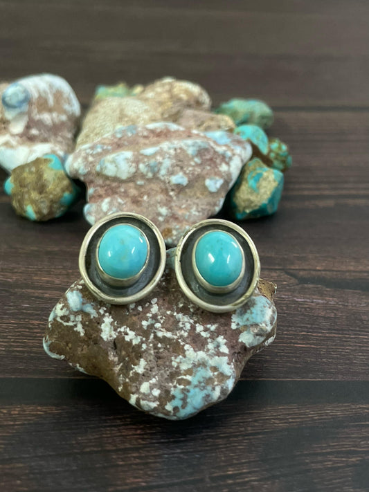 Handmade Sterling Silver Kingman Turquoise Post Earrings, Signed Nizhoni